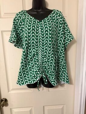 Cato Green and White Printed Drawstring V-Neck Blouse